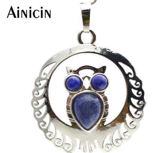 Natural Semi-precious Stone lapis lazuli Inset Lovely Owl Pendants Round Shape Jewelry For Women Earrings Making Findings 10pcs