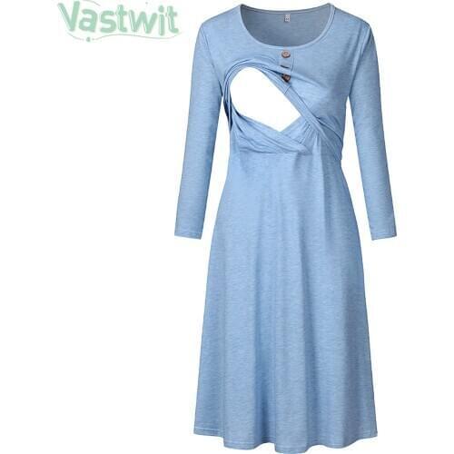 Autumn Pregnant Women Casual Breastfeeding Nursing Dress Long Sleeve Solid Loose Pregnancy Ruched Button Decor Maternity Dresses