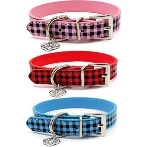 Dog Collar Adjustable Doggie Neck Strap For Small Dog Puppy Necklace Crystal Diamond Heart Pendant Pet Supplies Shiny Leather