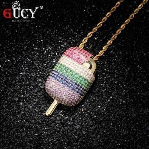GUCY Iced Out Ice Cream Pendant Necklace Bling Micro Paved Multicolor Cubic Zircon Chain Hip Hop Rock Jewelry For Men