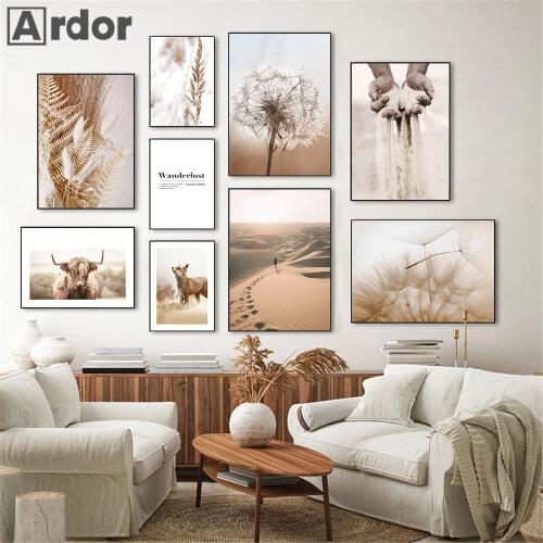 Sand Desert Landscape Poster Fox Cow Animal Wall Art Print Reed Grass Dandelion Canvas Painting Nordic Wall Pictures Home Decor