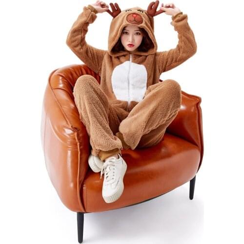 Adult Cosplay Animal Elk Fawn Onesies Pajama Coral Fleece Jumpsuit Interesting Christmas Gift Parent-Child Costume