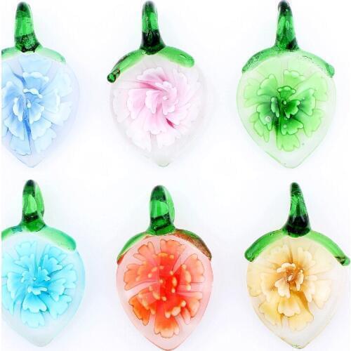 Qianbei Wholesale 6pcs handmade Murano Lampwork Glass Mix Color Flowers Drop Pendant Fit Necklace