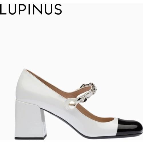 LUPINUS Luxury Brand Design Chain Women Mary Jane Shoe 2021 New Retro Pearl Decoration Women High Heel Patent Leather Women Shoe