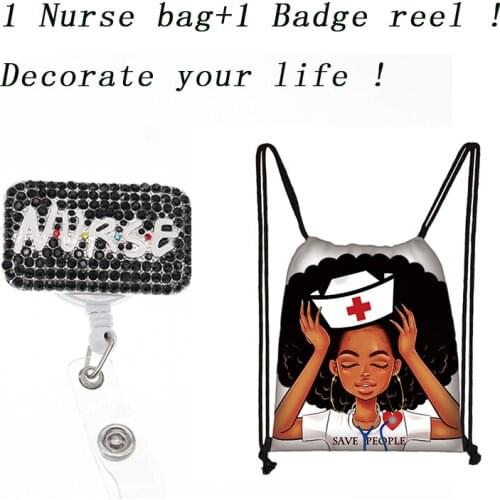 1 pc healthy big size ECG Drawstring black doctor nurse magic medical Syringe nursing pill bag backpack + 1 flower badge reel