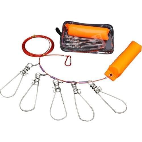 Stainless Steel Heavy Duty Fishing Stringer 5 Hooks Snap Lock Buckles Ropes Buckle Hook Carabiner Fishing Tool Outdoor Supplies