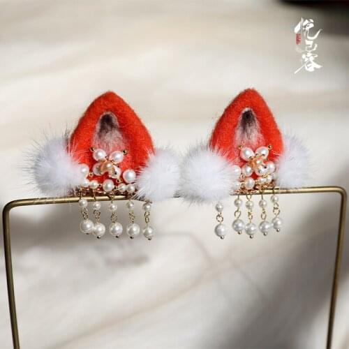 Ancient Customs Fox Cat Ear Hairpins Wool Ball Tassel Felt Lovely Hairpin ChineseHanfu Headdress