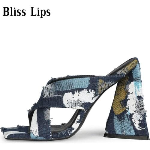 Womens Special Material Denim Sandals Summer WomensThick-soled High-heeled Slippers Thick-heeled Party Nightclub Slippers