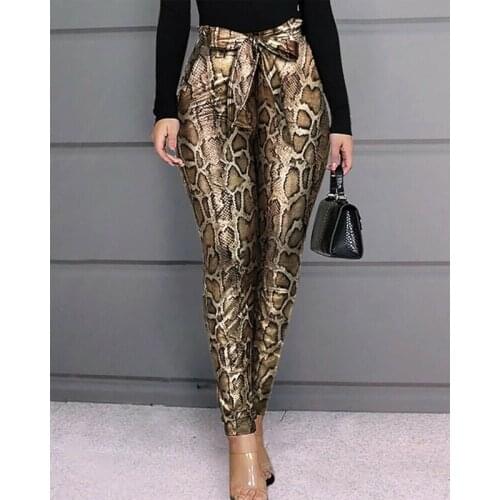 Women Leopard Print Bow Pants PU Leather Stretch Pencil Slim Trousers Skinny High Waist Long Bandage High Waist Autumn 2020
