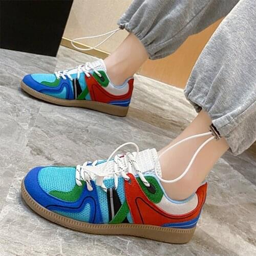 Womens Flat Single Shoes Air Mesh Lace-Up Mixed Color Shallow Female Sneakers Comfortable Breathable Ladies Vulcanized Shoe New