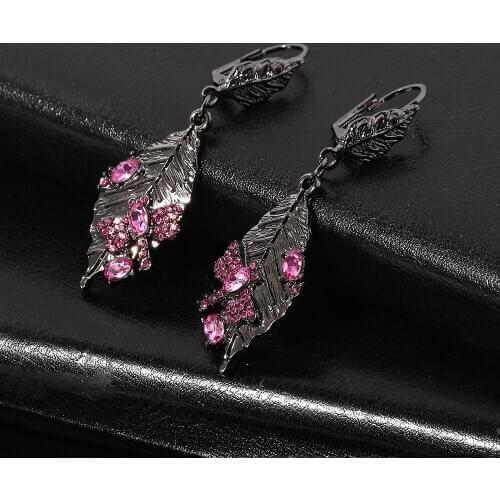Iced Out Dragonfly Leaves Vintage Pink Crystal Earrings For Women New Fashion Charm Eardrop Bohemia Italy Weeding Jewelry Gift