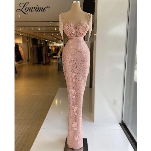 Lowime Pink Beaded Evening Dresses 2021 Custom Made V Neck Dubai Arabic Evening Wear Applique Tassel Party Gowns Prom Dress Robe