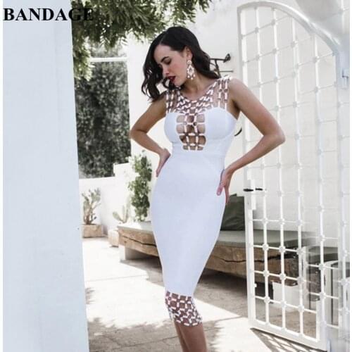 BANDAGE White Rayon Bandage Dresses Women Dress Sexy Sleeveless Hollow Out Celebrity Party Bodycon Vestidos High Quality