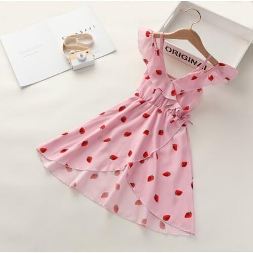 2-7Years Toddler Kids Girls Summer Dress Strawberry Printing Sleeveless V-neck High Waist Dress Korea Style Casual Sweet Dress