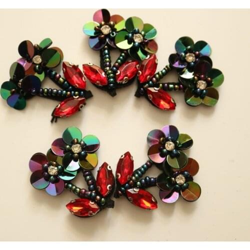 5pcs Flower beaded patches for clothing Handmade floral Rhinestone patch for clothes parches bordados para ropa