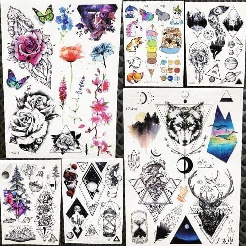 YURAN Watercolor Arm Tattoo Stickers Women Body Artm Temporary Tattoo Men Fashion Geometric Totem Fake Chest Tatoo Triangle Wolf