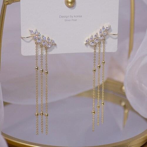 Shiny Side New Accessories Crystal Stud Earrings for Women Fashion Jewelry Simple Style Zirconia Long Tassel Earrings