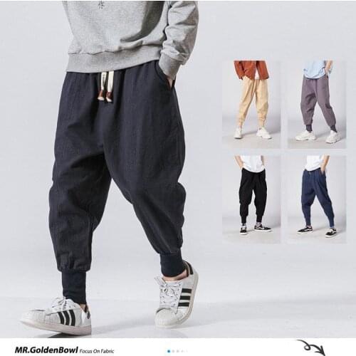 Chinese Style Harem Pants Men Streetwear Casual Joggers Mens Pants Cotton Linen Sweatpants Ankle-Length Men Trousers M-5XL