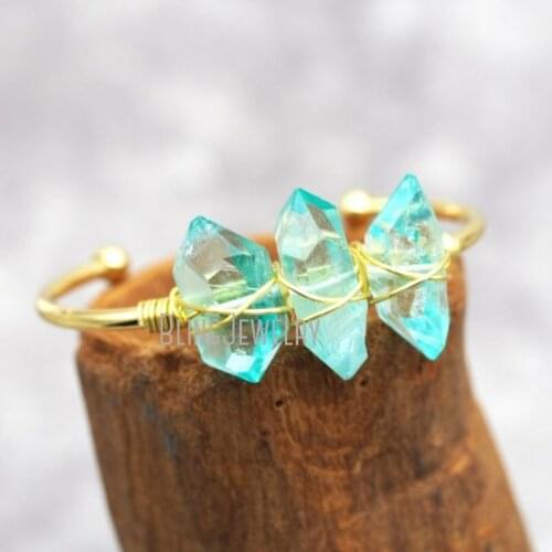Gemstone Cuff Double Terminated Crystal Quartz Blue Stone Bracelet Cuff BM30029