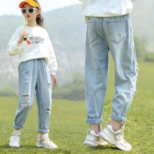 Girls Jeans for Kids 2021Spring New Jeans with Holes Teenager School Girls Ripped Jeans Pants Children 8 10 12 13 Years Trousers