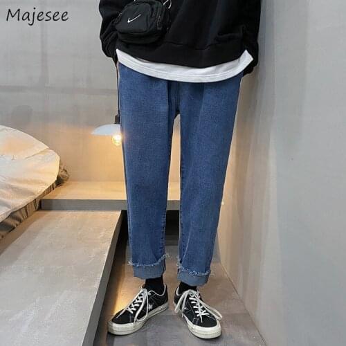 Jeans for Men Denim Blue Frayed Casual Simple Loose Straight Bottoms Students All-match Ankle Length Button Up Korean Streetwear