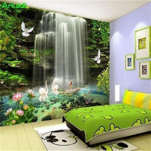 Chinese style living room TV background wall paper wall covering 3d wallpaper sofa three-dimensional mural waterfall landscape