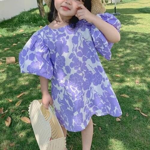 Kawaii Casual Flower Kids Dress Summer 2021 Puff Sleeve Children Princess Dress for Girls Cute Pretty Print Party Holiday Dress