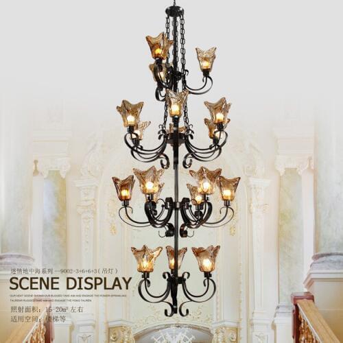 Traditional iron chandeliers villa staircase long large chandeliers Hotel Restaurant black lamp classical glass Chandlier lights