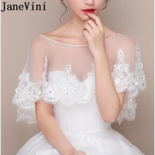 JaneVini White Boloro Beaded Lace Wedding Jacket Bolero Wrap Appliqued Flowers Bridal Cape Tulle Stoles Bride Shoulder Cover New