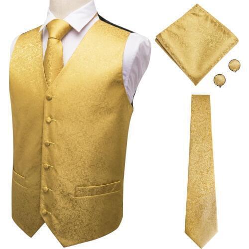Mens Gold Jacquard Paisley Vest Set 2019 New Elegant Men Wedding Party Waistcoat for Suit Tuxedo Necktie Pocket Square MJ-0009