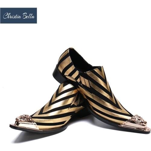 Christia Bella New Italian Fashion Designer Gold Toe Oxfords Shoes for Men Genuine Leather Stripe Dress Shoes Men Wedding Flats