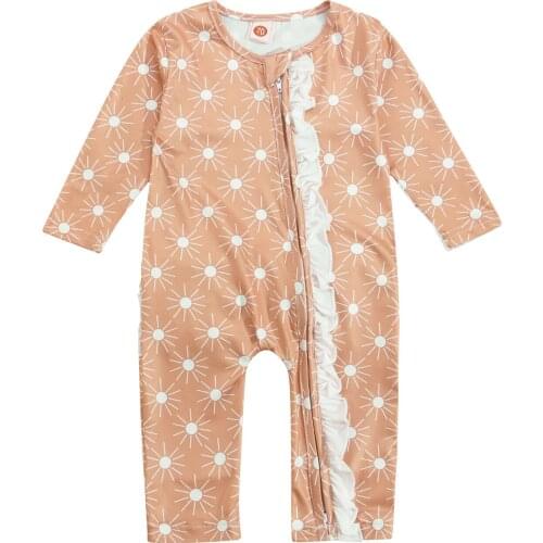 New Toddler Autumn Romper, Sun Print Round-Neck Long Sleeve Zipper Jumpsuit for Baby Girls, 3-24 Months