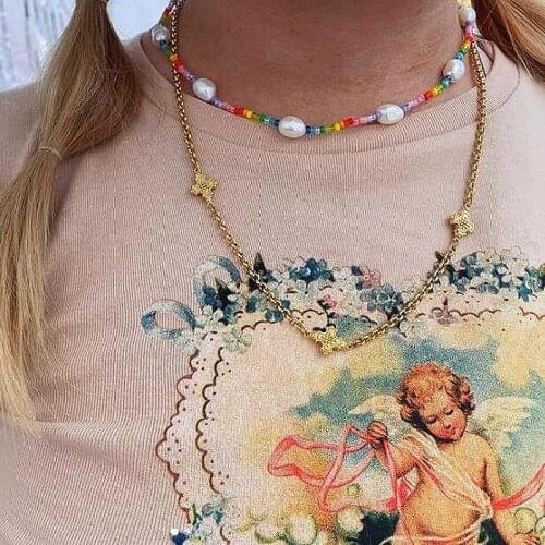 Candy Colors Bead Necklace 2021 New Trend Pearl Chain Gift For Women Star Moon Pendant Jewelry Party Creative Choker