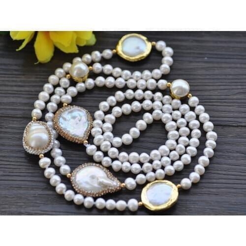 Z10273 38" 28mm White Round Baroque Drip Keshi Gold CZ Pearl Necklace