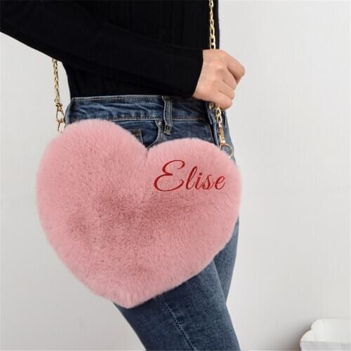Personalized Peach Heart Shoulder Cross-chain Bag Women Fashion Fake Rabbit Fur Cosmetic Bag Custom Name Valentines Day Gifts