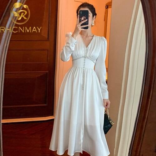 Diamond Elegant Summer Satin Bishop Sleeve French Dress Women V-neck High Waist Buttons White Vintage Long Chic Sweet Dress