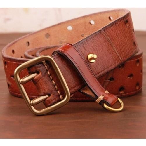 Mens Cowhide Double-row Hole Belt Retro Handmade Luxury Jeans Belt Fashion All-match Double Needle Work Leather Belt 3.8cm