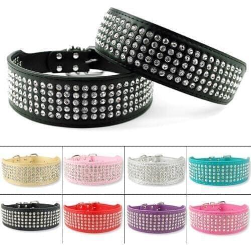 Rhinestones Dog Collar Sparkly Crystal Dog Collars Diamonds PU Leather Collar for Medium Large Dogs 2 Inch Wide