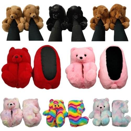 Teddy Bear Slippers Brown Teddy Slippers Women Indoor Home House Soft Antislip Faux Fur Cute Winter Warm Shoes Sandals Fluffy