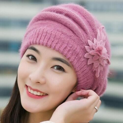 Warm Winter Hats For WomenS Cap Lady Skullies Beanies Female Hat Flower Rabbit Soft Knitted Thick Mom Bonnet Caps
