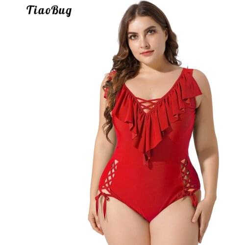 TiaoBug Summer Women Plus Size Swimwear Sleeveless Ruffle Trim Removable Bust Pads Jumpsuit Bodysuit Swimming Bathing Beach Suit