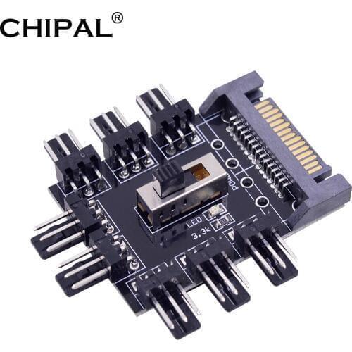 CHIPAL Fan Hub 15Pin SATA Power 1 to 8 Multi Way Splitter 3Pin 12V Cooling 2 Level Cooler Speed Controller for PC Computer