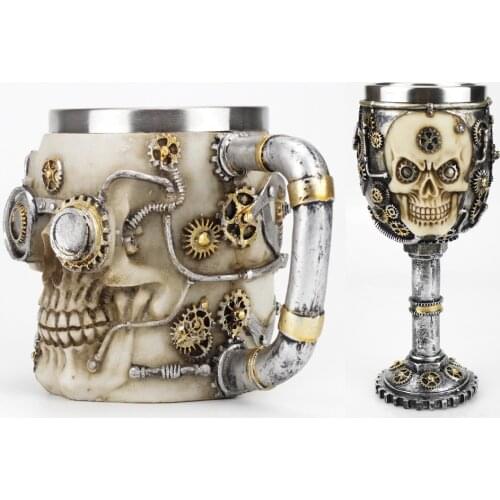3D Gothic Mug Wine Goblet Glass by Mechanical Gear Style Punk Gear Retro Metal&Resin Mugs Cup BEST Birthday Halloween Gifts