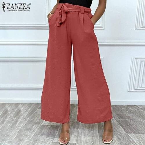 ZANZEA Vintage Straight Pantalon Womens Solid Wide Leg Pants 2021 Autumn Loose High Waist Trouser Lady Casual Belted Office Pant