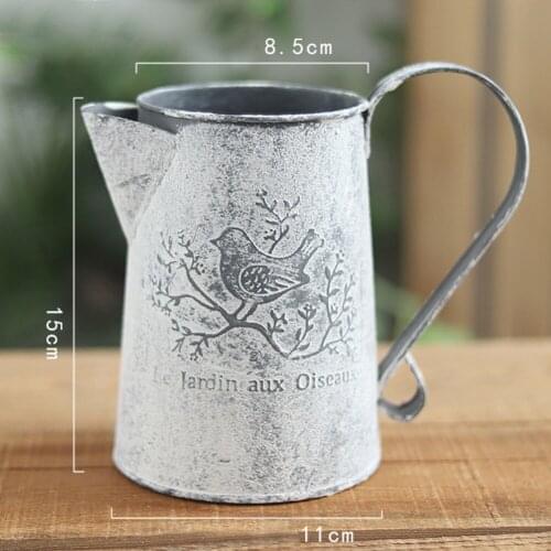 Vintage Home Decor Flower Eco Friendly Garden Bird Print Easy To Store Shabby Iron Vase Galvanised Crafts Old Watering Pot Shape