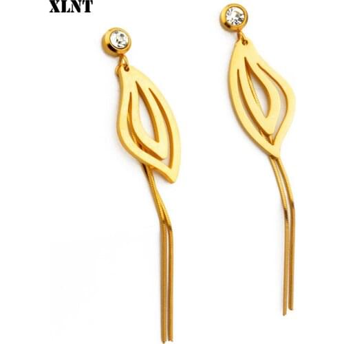 XLNT Gold Leaf CZ Zircon Tassel Drop Earring For Women Fashion High Quality Wedding Earrings Jewelry