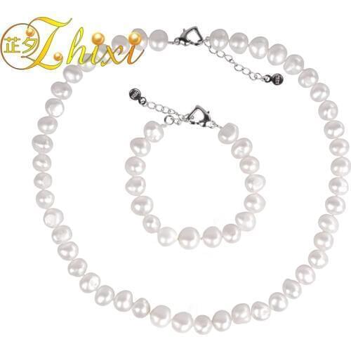 [ZHIXI] Pearl Jewelry Set Natural Pearl Necklace Choker Necklace Bracelet Genuine White Freshwater Fine Jewelry For Women st23