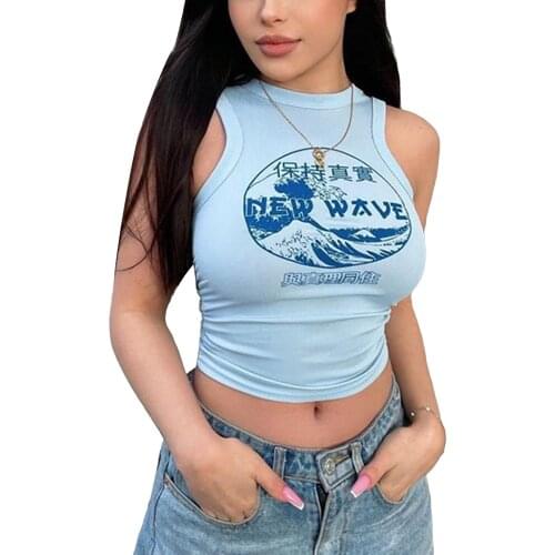 Ladies Summer Midriff-baring Camisole Creative Chinese Character Letter Printing Round Collar Sleeveless Tops Slim Base Shirt