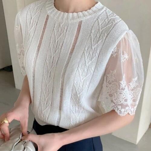 Women Clothing Mesh Lace Knitted Splic short-sleeved top Lace Hollow Transparent ice silk knitwear Thin New Summer Shirt 308F