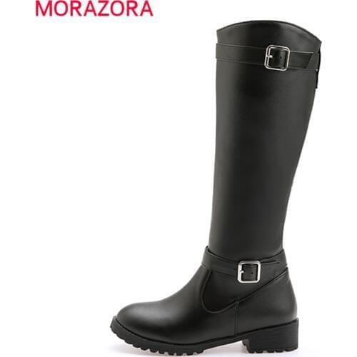 MORAZORA 2020 Big size 33-50 winter knee high boots med heels round toe buckle ladies shoes black color women boots